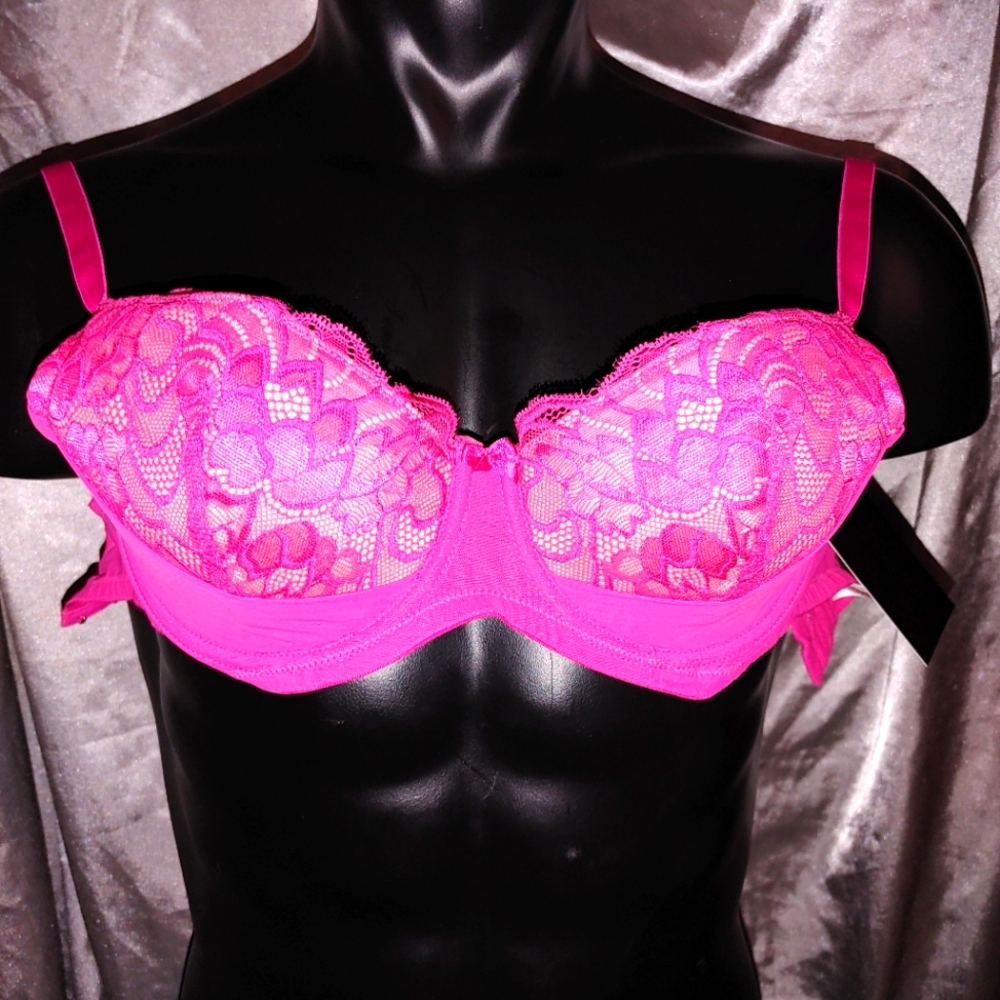Frederick's of Hollywood Pink/White Manuela Lace & Micro FF Bra. Size 32 D